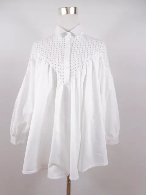 Women's Vtg Retro White Cotton Oversized Baggy Long Sleeve Blouse Shirt BD90