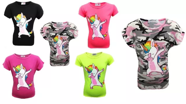 New Girls Kids Unicorn Summer Top Pink Camo Black Yellow Age 6 7 8 9 10 11 12 13