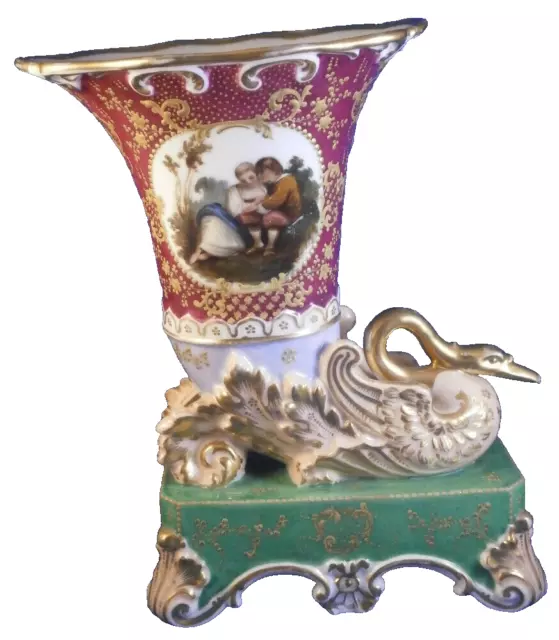 Antique 19thC Jacob Petit Porcelaine Scenic & Floral Vase Swan Figurine