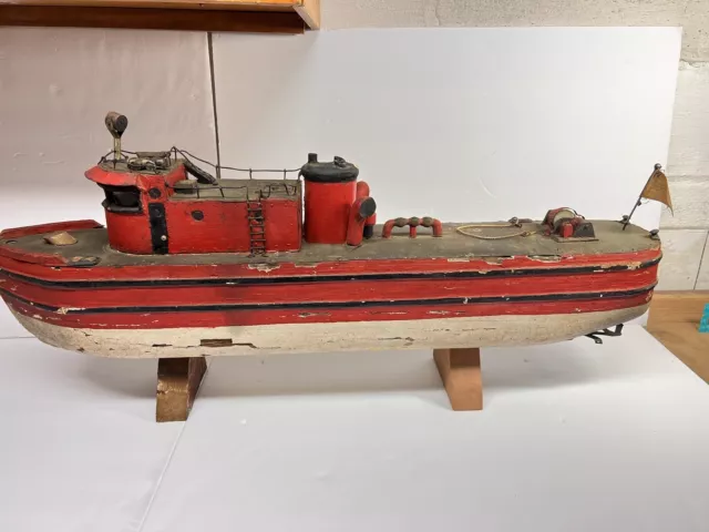 Antique  36''L FOLK ART WOOD FIRE TUGBOAT HANDMADE MODEL Man Cave