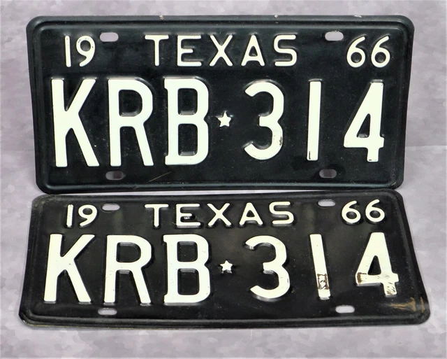 VTG Texas 1966 Pair Auto License Plate Set Dodge Ford Chevy KRB 314