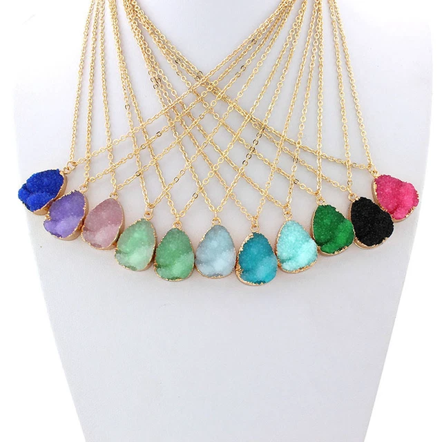 Natural Rock Crystal Pendant Necklace Gold Plated Chain Healing Jewelry