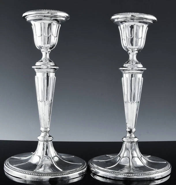 Fine Elegant Pair 1909 Edwardian Chester English Sterling Silver Candlesticks