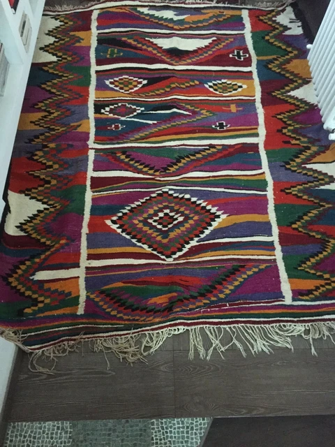 Tappeto Kilim Indiano 100% Cotone - Disegno Etnico B, Misure 60x90cm - Con Frange Annodate A Mano