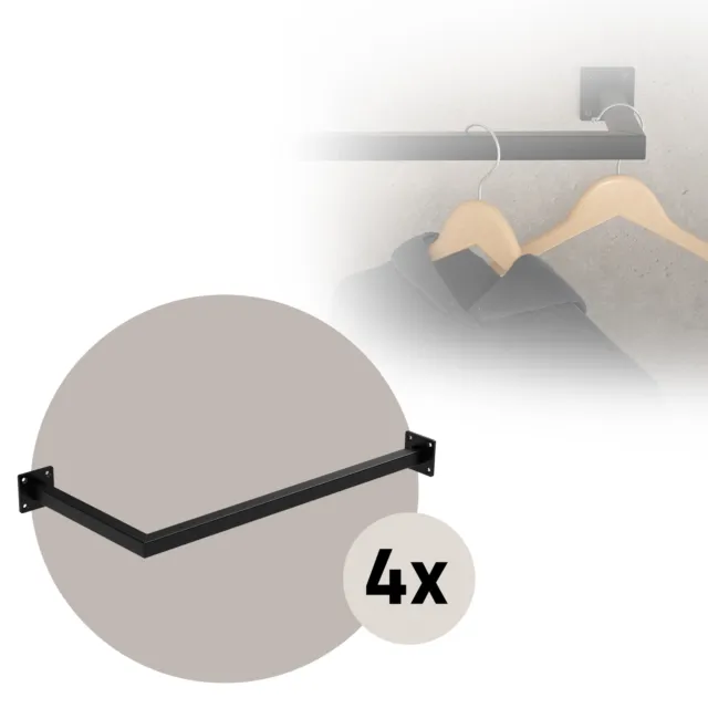 4x Appendiabiti porta asciugamani barra a L in acciaio nero da parete 60 x 30 cm