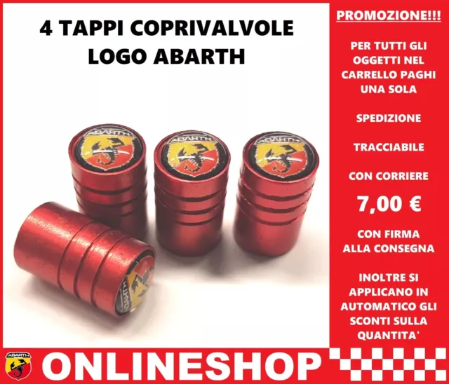 TAPPI COPRIVALVOLE ABARTH ROSSO FORMA BIDONE TUNING IN LEGA DI METALLO 4 pezzi