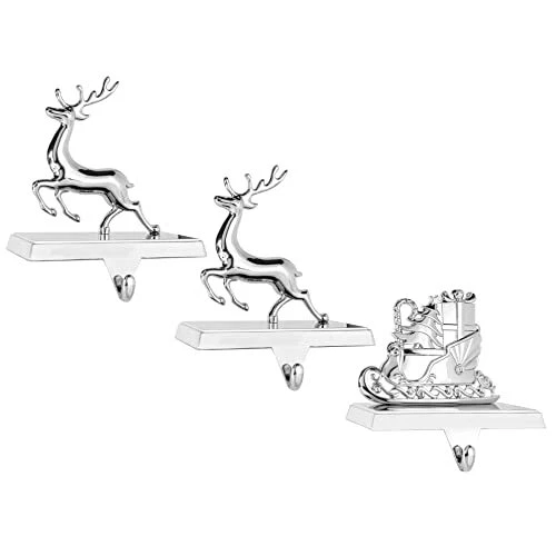 Klikel Reindeer Stocking Holder Set of 3-2D Deer and Sleigh Stocking Hanger f...