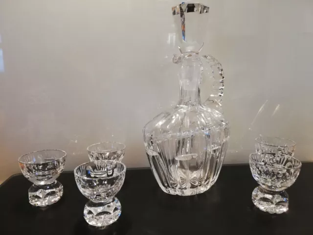 Alte Kristall Karaffe / Krug mit Stöpsel und 5 Kristall Gläsern , Likör Service