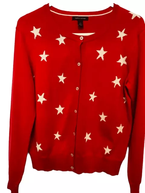 Tommy Hilfiger Embellished Button Down Cardigan Red Med Stars EUC