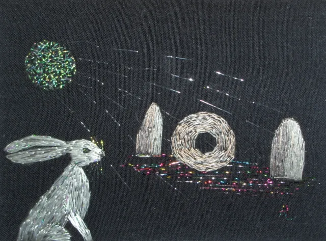 ACEO Original "White Hare, Holed Stone & Moon" Silk Hand Embroidery - A Lobban