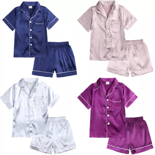 Boys Girls Silk Pyjamas Set Outfits Satin Short Sleeve T-Shirt Shorts Sleepwear