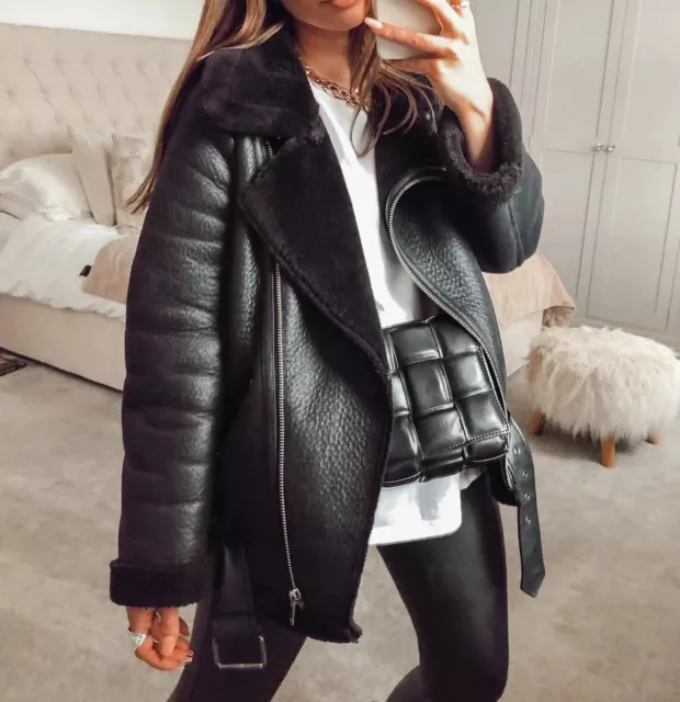 ZARA NOIR FAUX Cuir Shearling Fourrure Double Face Veste Motard