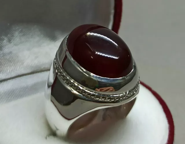 Natural Yemeni Deep Red Aqeeq Sterling Silver 925 Handmade Red Agate Mens Ring