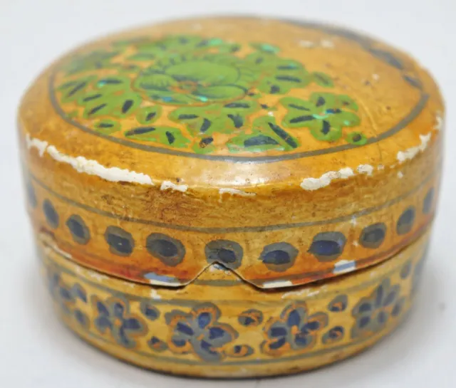 Vintage Papier-Mache Round Jewellery Box Original Old Hand Crafted Painted