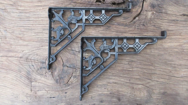 10 1/2" Antique Ornate Cast Iron Wall Brackets - Dated 1900 3