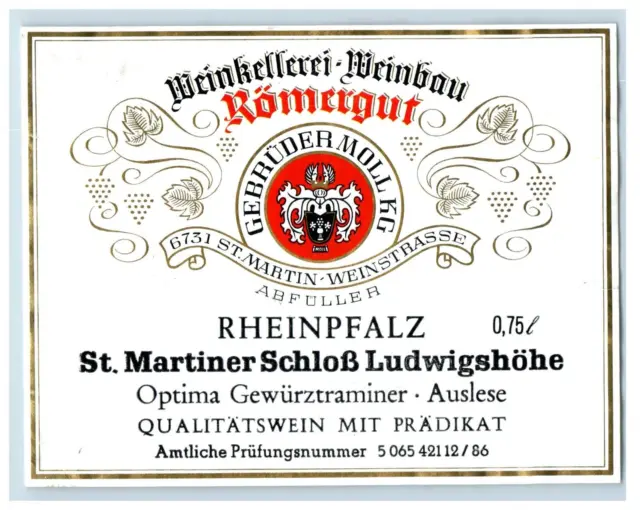 1970's-80's Weinkellerei Romergut Rheinpfalz German Wine Label Original S43E