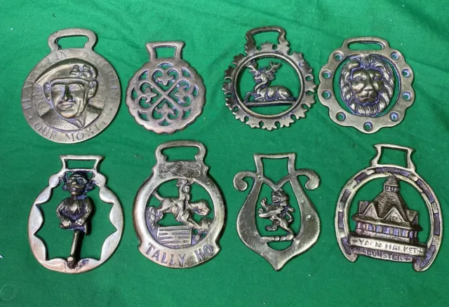 8 Antique Brass Horse Harness Medallions, Equestrian