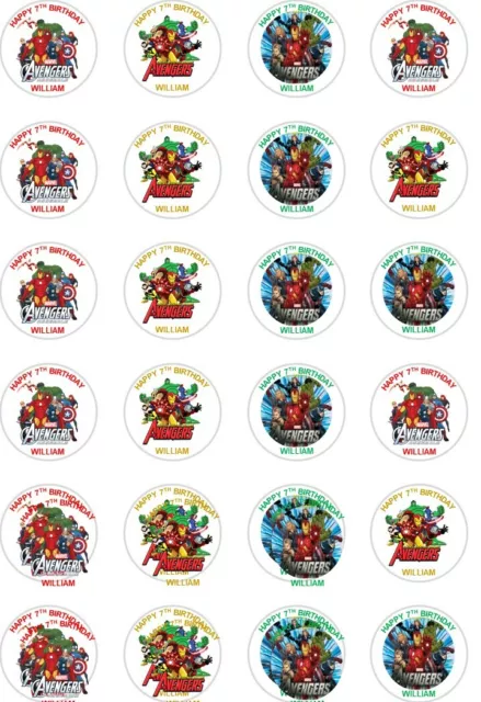 24 x PERSONALISED PRECUT AVENGERS/ SUPER HERO/RICE/WAFER PAPER CUP CAKE TOPPERS