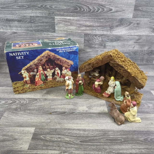 Vintage Large 11 pcs Nativity Set Wood Stable & Ceramic Figures Christmas Xmas