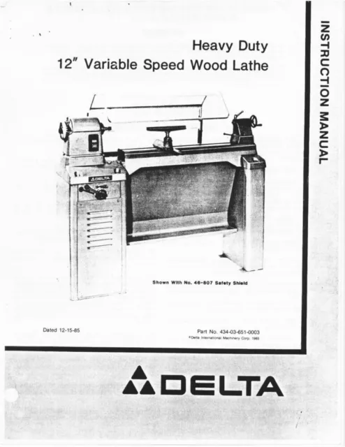 Delta Rockwell Model 46-412 12" Variable Speed Wood Lathe Instructions