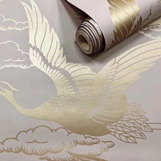 Flying Cranes Holden Wallpaper Metallic Gold / Pink 13430 Elegant Glistening Sky