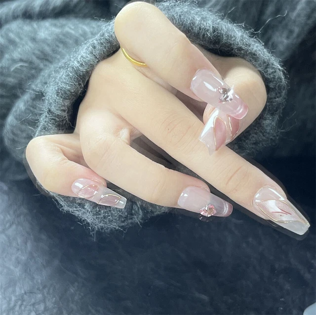 Hecho a mano Uñas Falsas Rosa Brillante Ataúd Francés Prensa sobre Uñas para Arte en Uñas 10 PIEZAS