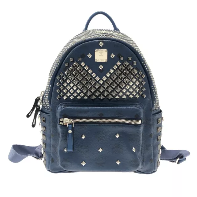 Auth MCM Dark Navy Black Silver Synthetic Leather Backpack