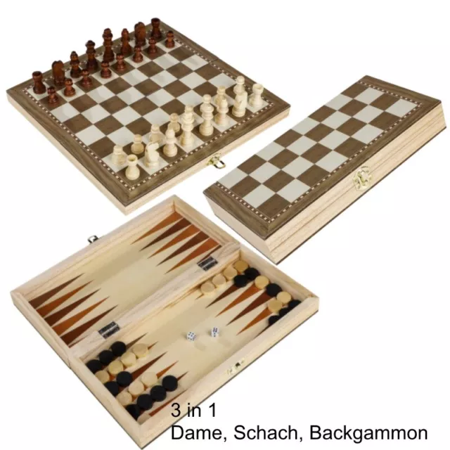 Schach Dame Backgammon 3 in1 Brettspiel inkl. Spielfiguren Holz Spielbrett #6183