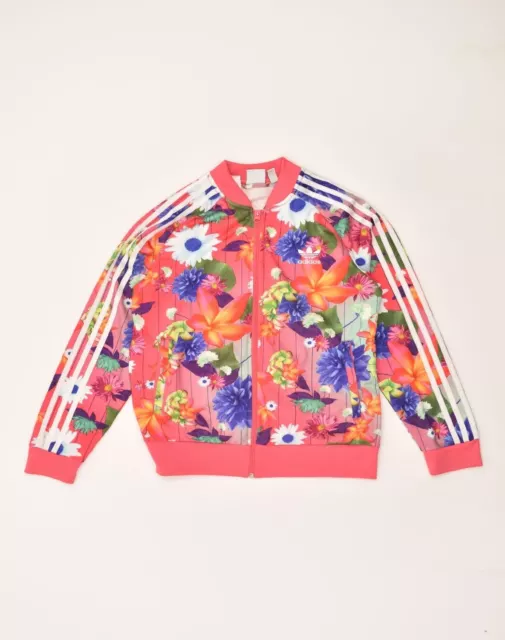 ADIDAS Girls Tracksuit Top Jacket 13-14 Years Pink Floral Polyester AD07