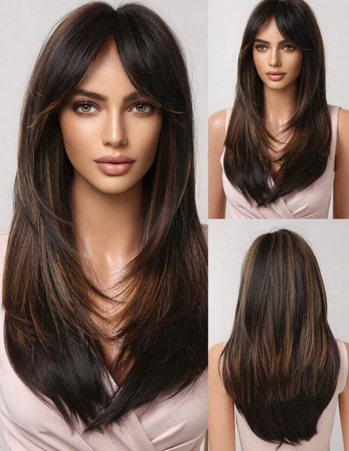 Perruque Synthétique Longue Couleur Brune Lisse Avec Frange - Style Naturel Et Résistante à La Chaleur