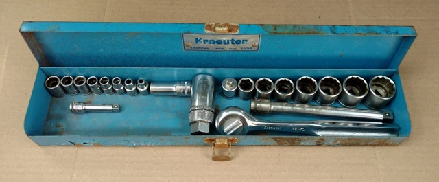 Vintage Kraeuter 1/4" and 3/8" Drive Socket Set in Metal Box 21pcs Made in USA