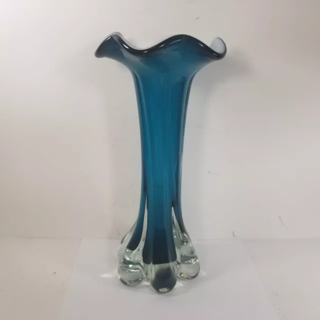 Vtg. HAND BLOWN Large & Heavy MURANO Blue, Clear Art Glass VASE