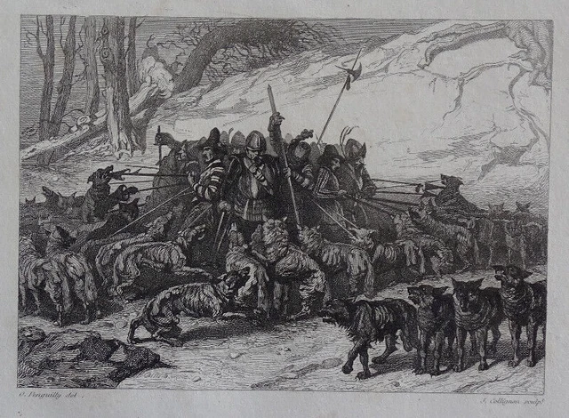 1844 Gravure orig. ancienne Penguilly Collignon Coquebert Les Loups en Bretagne
