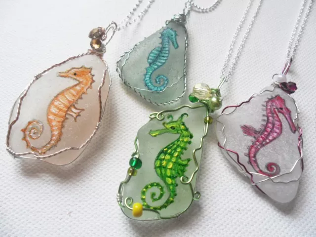 Hand painted Seahorse sea glass necklaces paintings choice of colours sea dragon