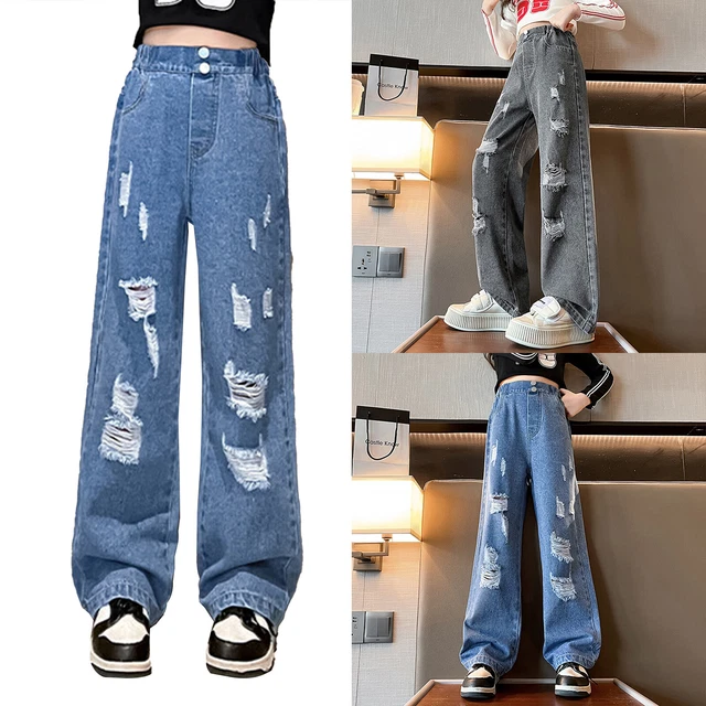 NABER Kids Girls Baggy Wide Leg Denim Jeans - Elastic Waist Casual Pants (Age 5-14, Blue, Size 8-9 Years) - View #2