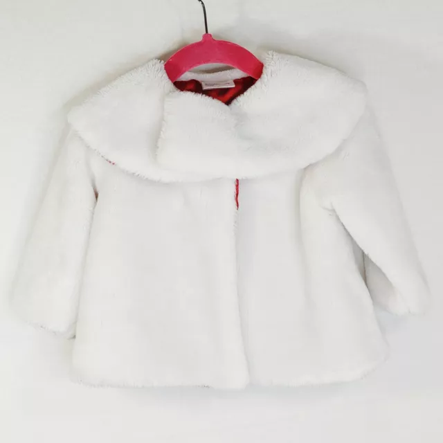 Infant Baby Girls Sz 12 Mo White Faux Fur Jacket Red Satin Lining Shawl Collar