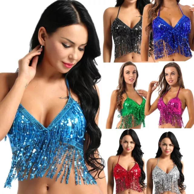 Women Sequin Bra Tassel Top Latin Salsa Belly Dance Rave Party Club Wear  Costume