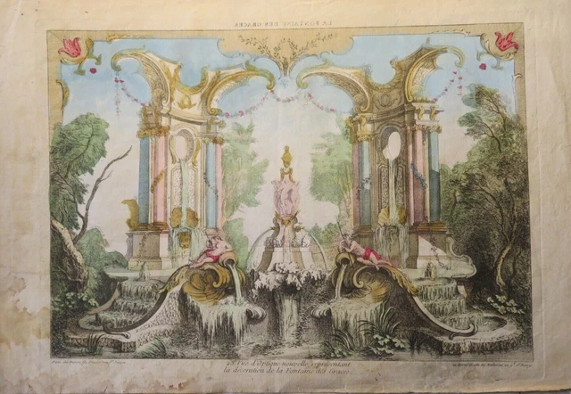 Grande Gravure Xviii Vue D'optique Couleur Jardin Versailles Fontaine Mythologie