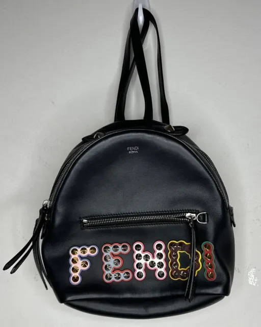 Fendi Black Multicolor Vitello Century Fun Fair Metal Studded Backpack Bag