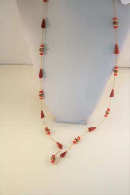 Charming Charlie gold tone multi shape red & brown station beaded necklace 38"