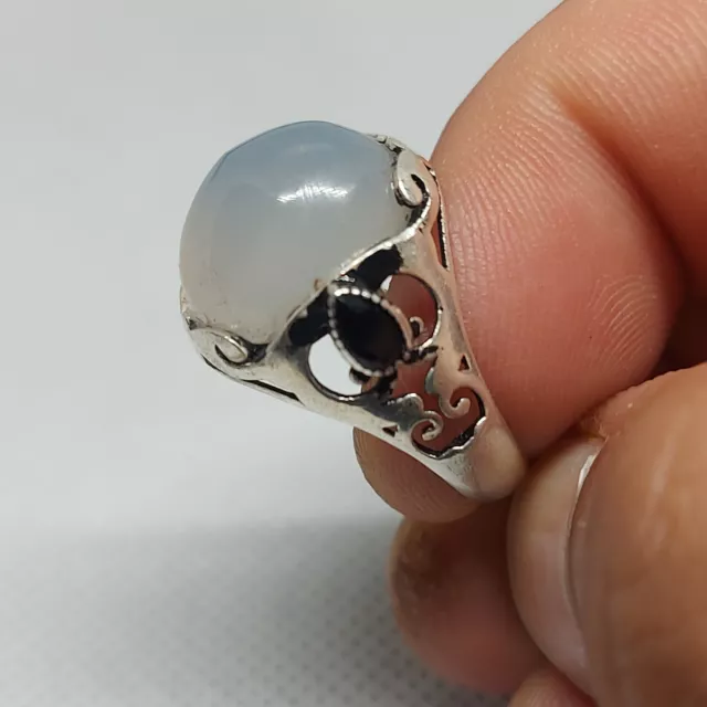 Unique Soild Sterling 925 Silver Mens Ring Black Mini Onyx White Agate GemStone