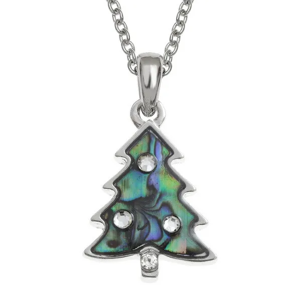 Christmas Tree Silver Necklace Pendant Paua Abalone Shell Xmas - Gift Boxed