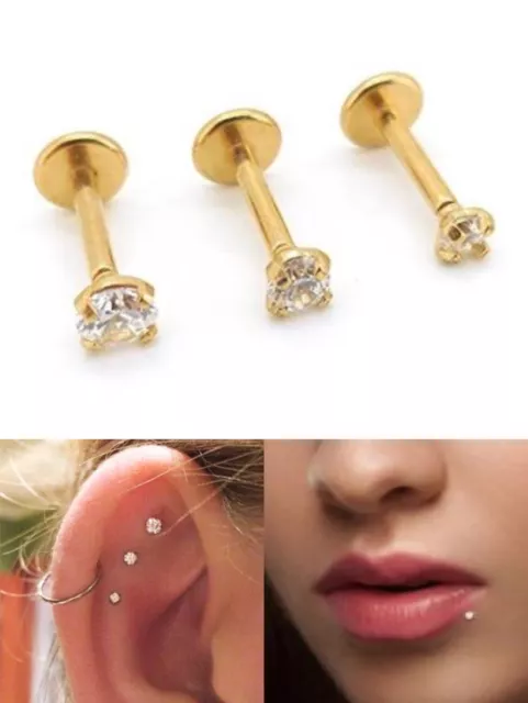 316L Steel Gold PVD Internal Thread Labrets Tragus Stud CZ Monroe Lip Ear 1pc