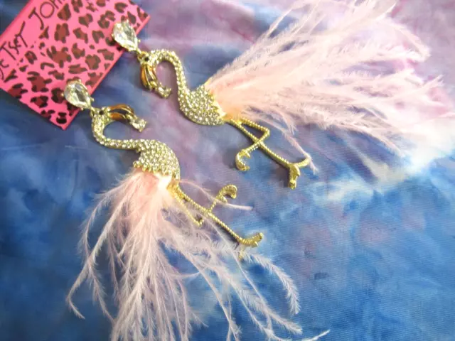 Betsey Johnson Pink Flamingo Bird Crystal Long Feathers Dangle Earrings New