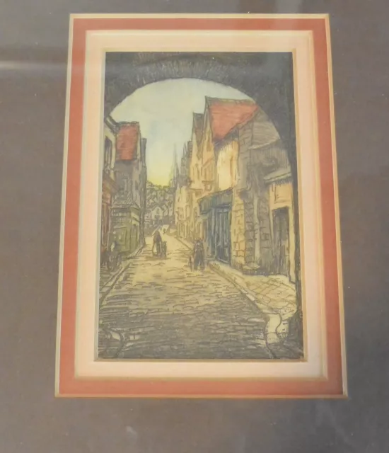 Vintage Framed Block Print: Old World Cobble Stone Street Scene