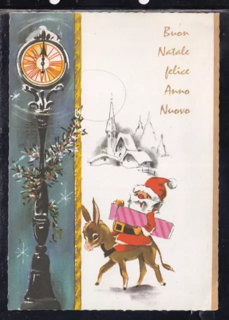 Cartolina Buon Natale Felice Anno Nuovo Orologio Babbo Natale su Asinello Z1354