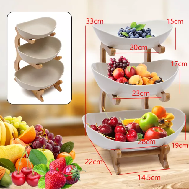 3-Layer Ceramic Fruit Trays Bamboo Basket Rack Kitchen Storage Stand Bowl Holder
