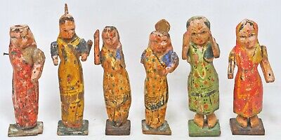 Vintage Lot of 6 Wooden Woman Figurines Original Old Hand Carved Painted