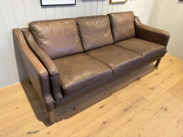 Mid Century Retro Danish Brown Leather Mogensen Style 3 Seat Sofa by HJ Møbler