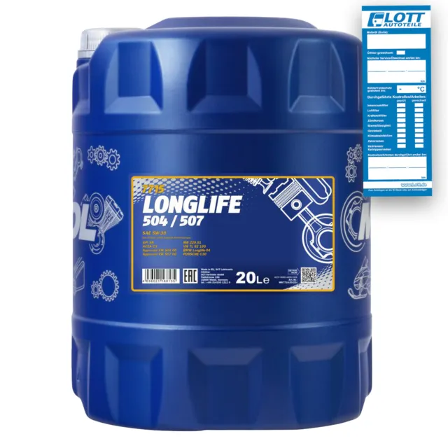 20L Mannol Longlife Öl 5W-30 Motoröl VW 504.00 507.00 BMW LL-04 MB 229.51